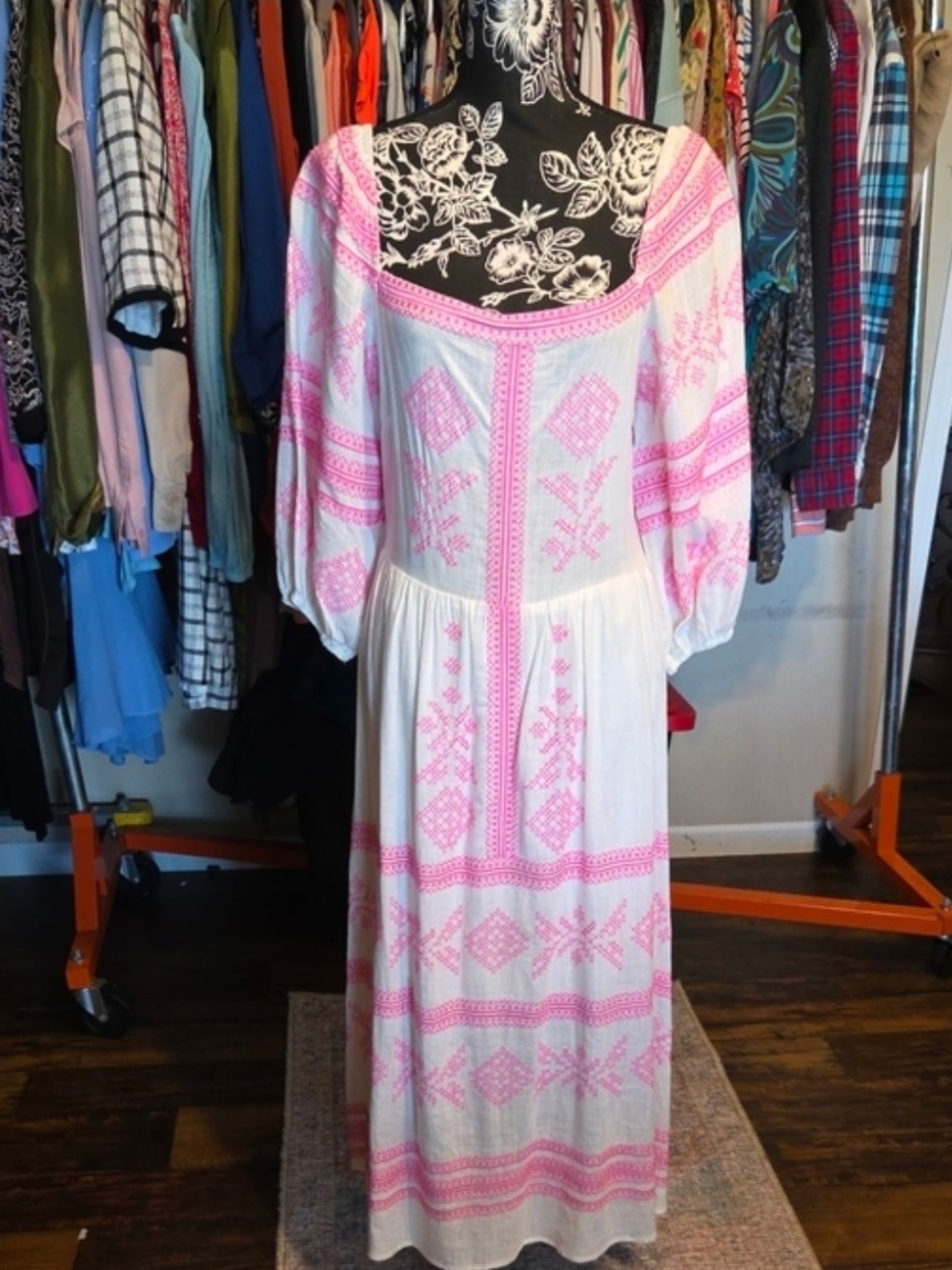 Bohemian White Maxi Dress with Pink Embroidery